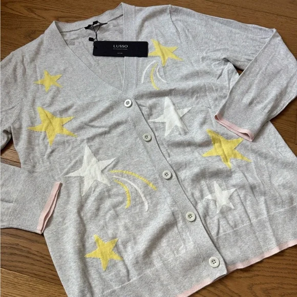Lusso Cotton-Cashmere Blend Cardigan - Gray, Yellow & White - Size L - NWT - Picture 3 of 9